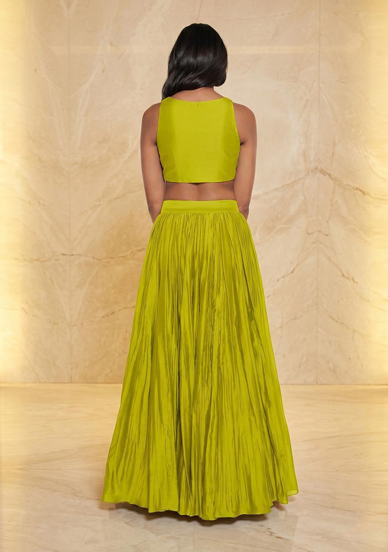 Lime Green Embroidered Handwork Lehenga Set - Indya