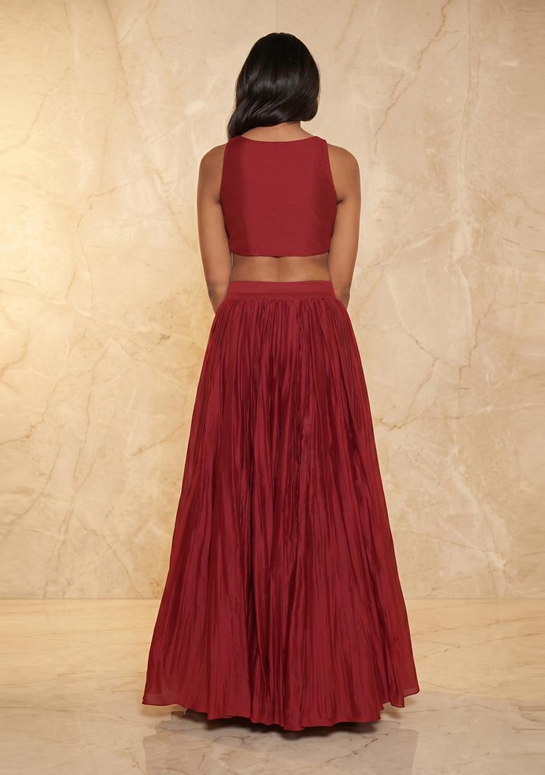 Maroon Embroidered Handwork Lehenga Set - Indya