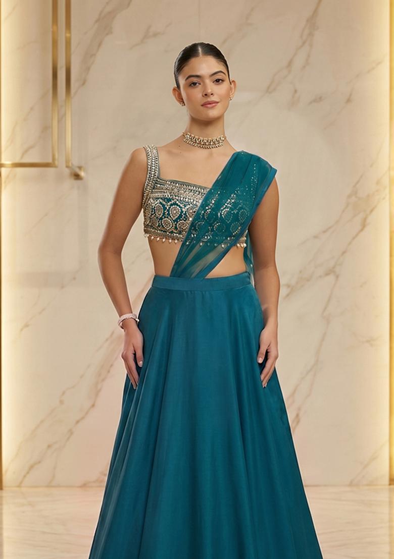 Teal Blue Embroidered Handwork Lehenga Set - Indya