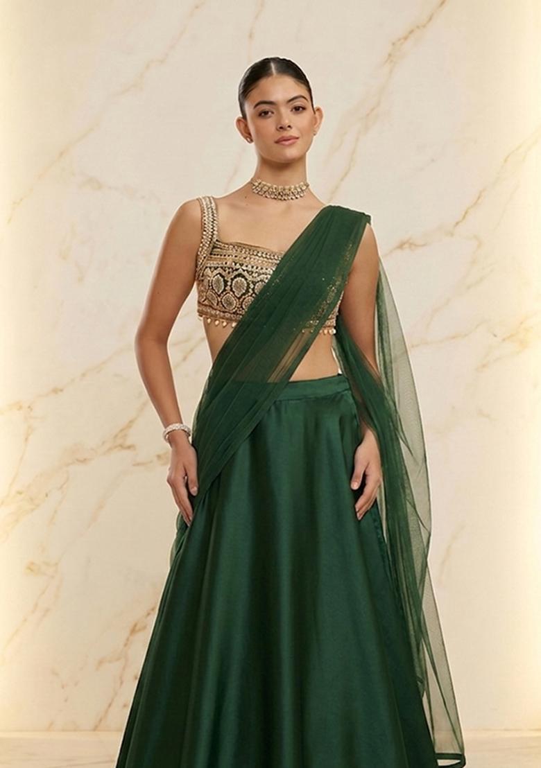 Dark Green Embroidered Handwork Lehenga Set - Indya