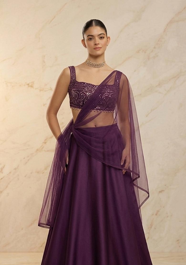 Deep Purple Embroidered Handwork Lehenga Set - Indya