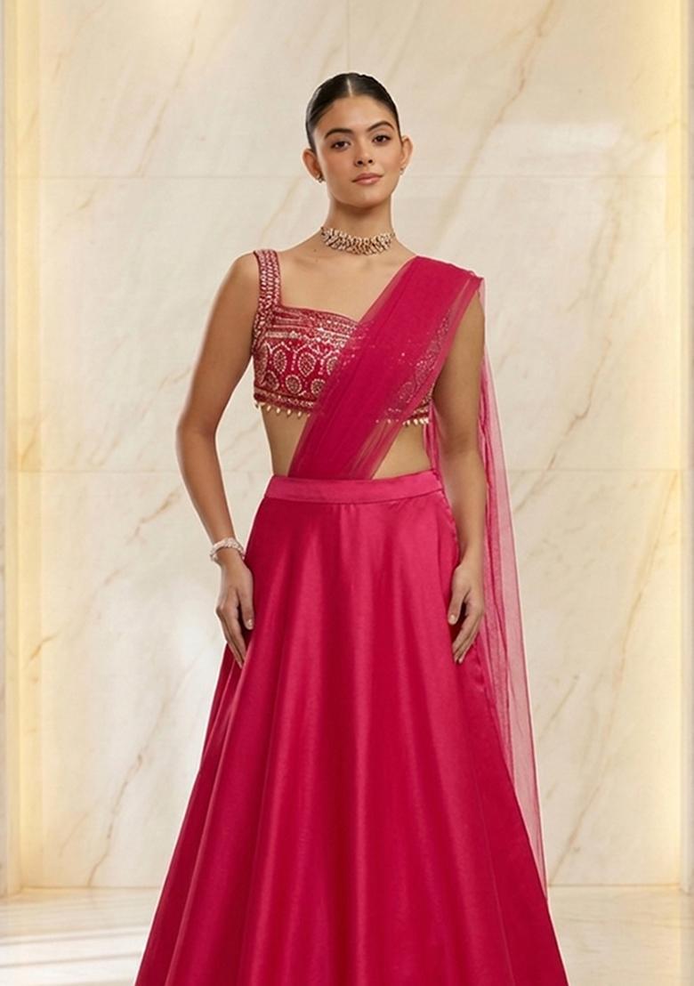 Rani Pink Embroidered Handwork Lehenga Set - Indya