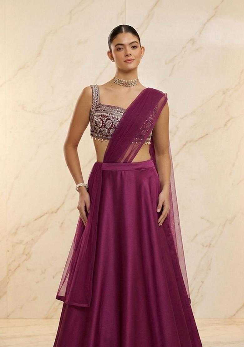 Wine Embroidered Handwork Lehenga Set - Indya