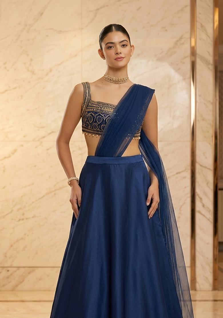 Navy Blue Embroidered Handwork Lehenga Set - Indya