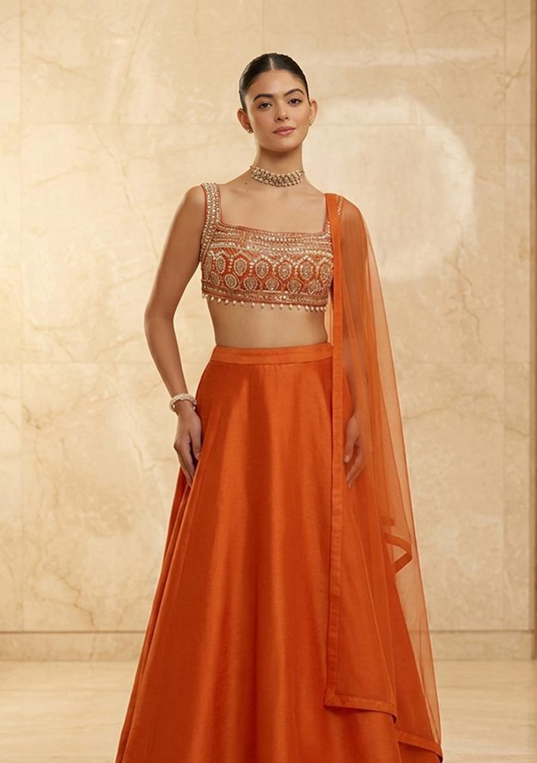 Rust Orange Embroidered Handwork Lehenga Set - Indya