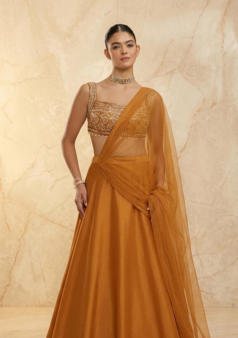 Mustard Embroidered Handwork Lehenga Set - Indya