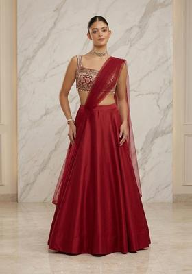 Crimson Red Embroidered Handwork Lehenga Set