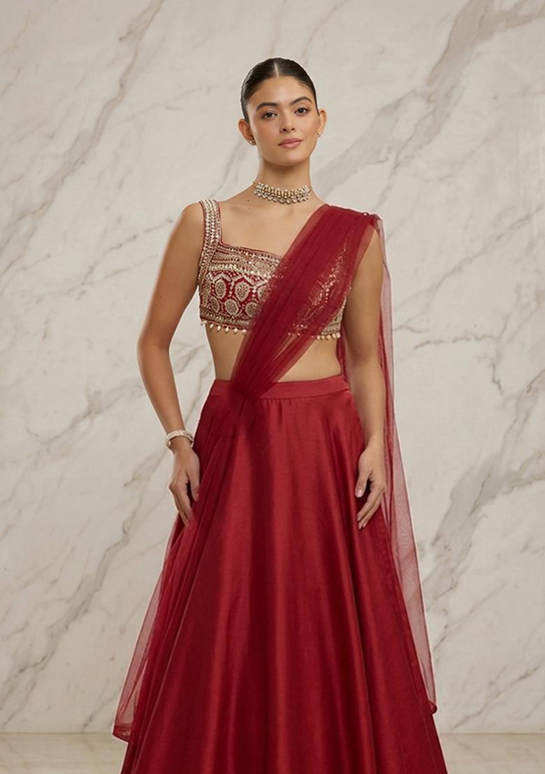 Crimson Red Embroidered Handwork Lehenga Set - Indya
