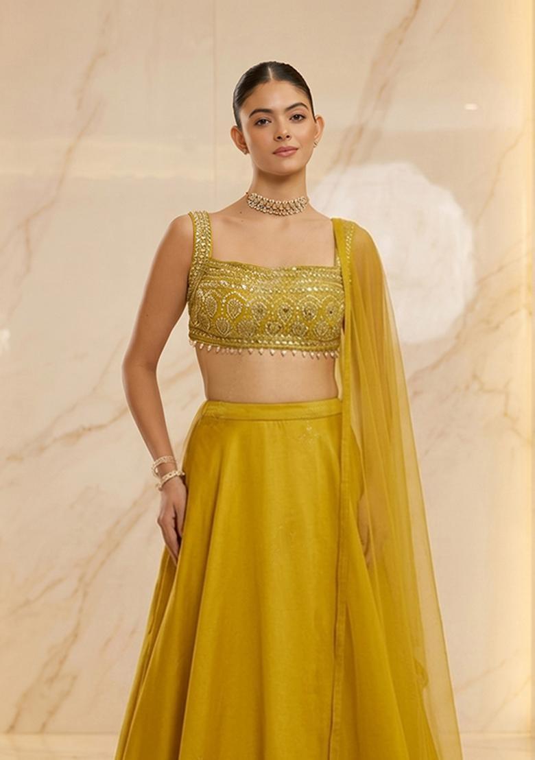 Lime Yellow Embroidered Handwork Lehenga Set - Indya