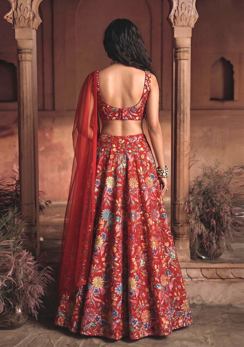 Deep Red Printed Crepe Lehenga Set - Indya