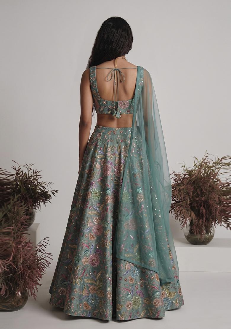 Pastel Green Printed Crepe Lehenga Set - Indya