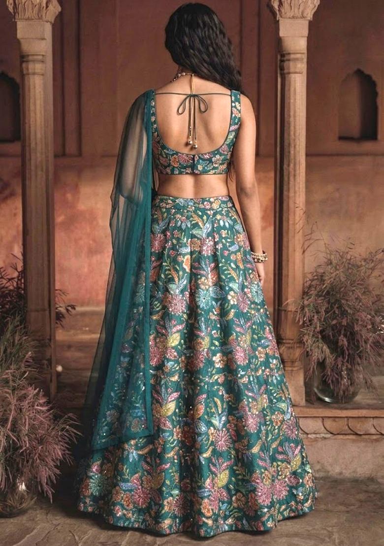Bottle Green Printed Crepe Lehenga Set - Indya