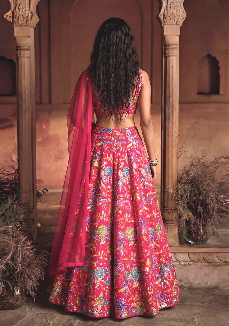 Rani Pink Printed Crepe Lehenga Set - Indya