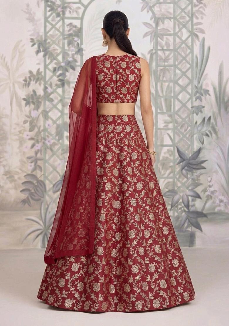 Maroon Silk Blend Lehenga Set - Indya