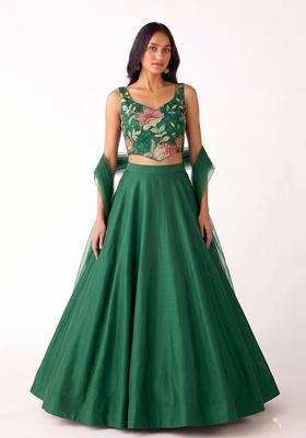 Emerald Green Embroidered Organza Lehenga Set