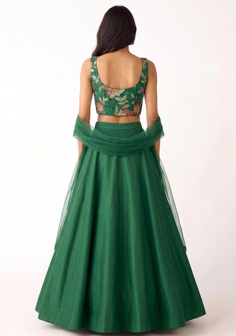 Emerald Green Embroidered Organza Lehenga Set - Indya
