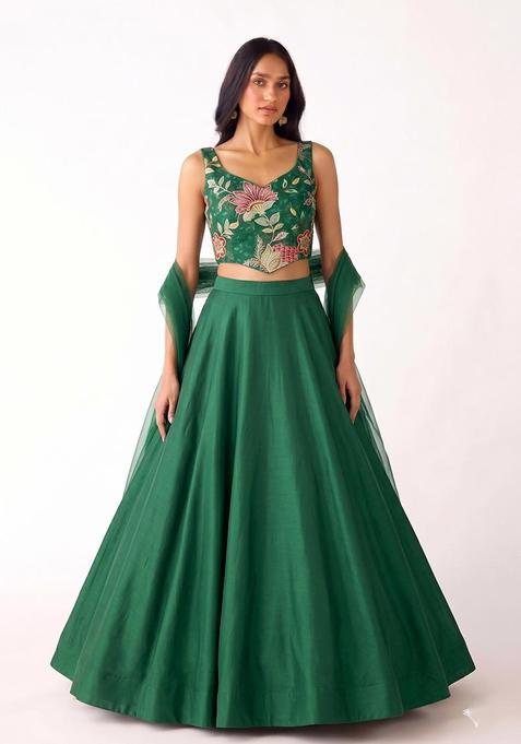 Emerald Green Embroidered Organza Lehenga Set