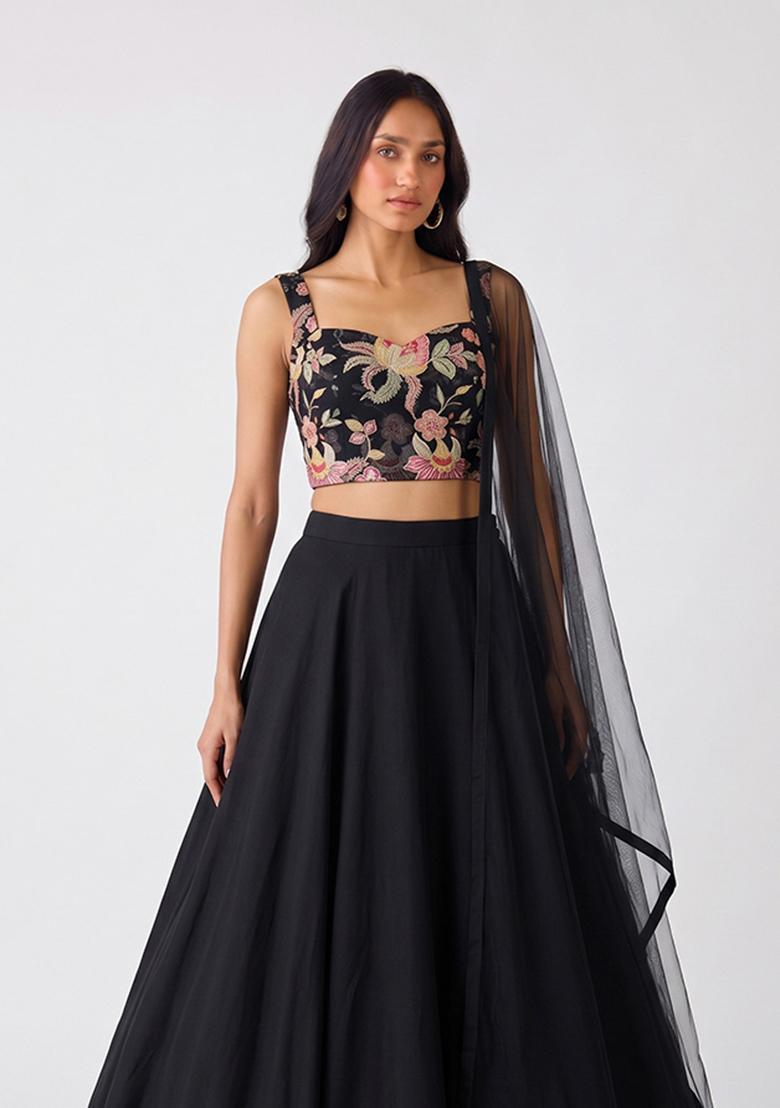 Black Embroidered Organza Lehenga Set - Indya