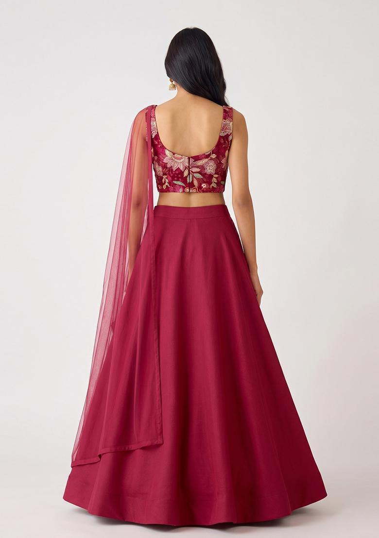Deep Maroon Embroidered Organza Lehenga Set - Indya