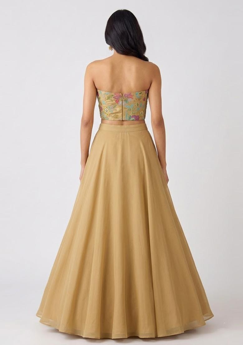 Beige Embroidered Organza Lehenga Set - Indya