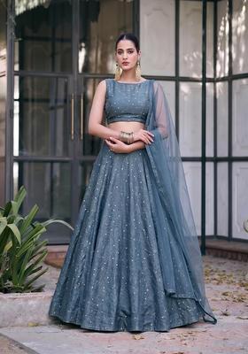 Steel Grey Embroidered Silk Blend Lehenga Set