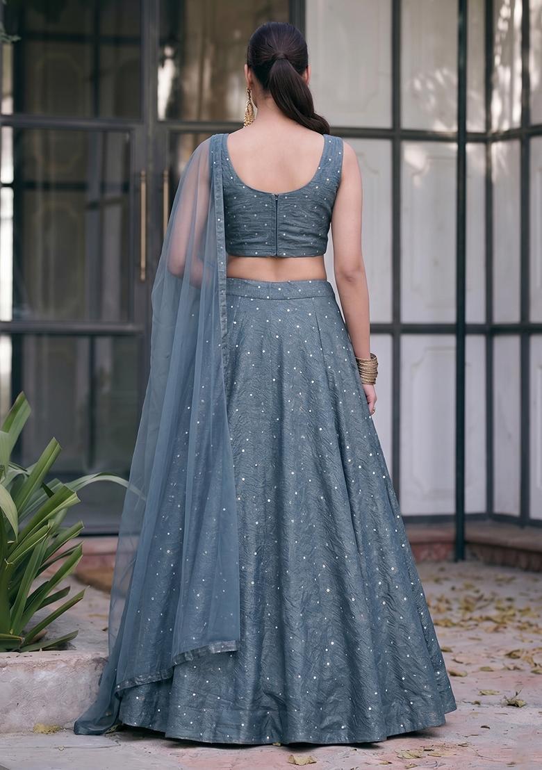 Steel Grey Embroidered Silk Blend Lehenga Set - Indya