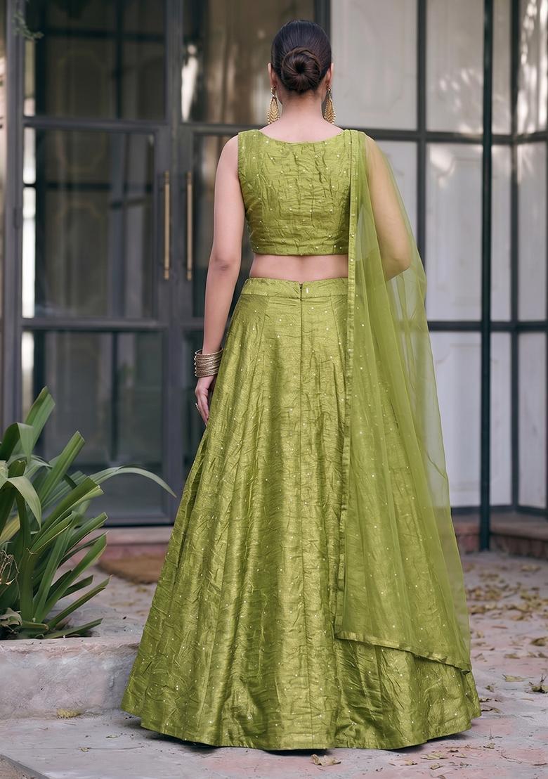 Olive Green Embroidered Silk Blend Lehenga Set - Indya