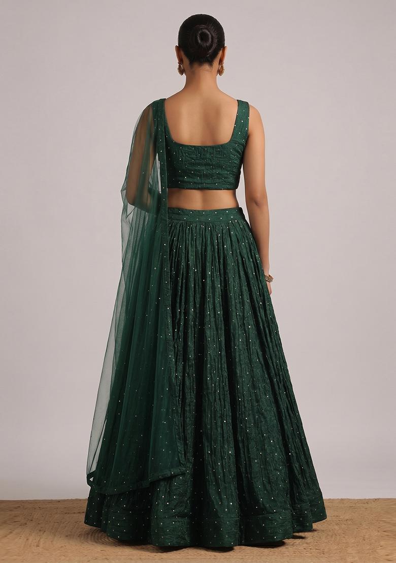 Bottle Green Embroidered Silk Blend Lehenga Set - Indya