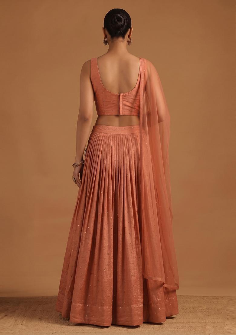 Peach Embroidered Silk Blend Lehenga Set - Indya