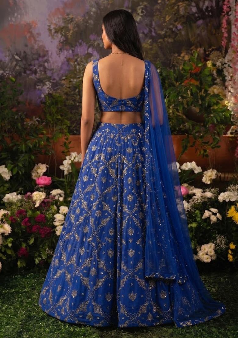 Navy Blue Embroidered Georgette Lehenga Set - Indya