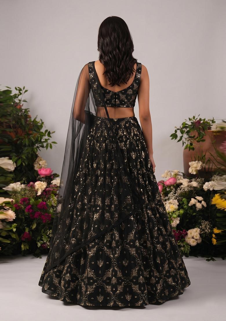 Black Embroidered Georgette Lehenga Set - Indya