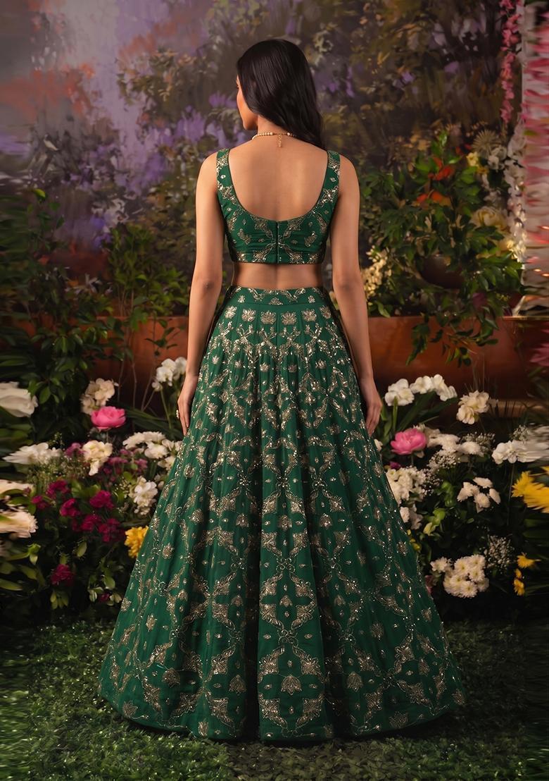 Emerald Green Embroidered Georgette Lehenga Set - Indya