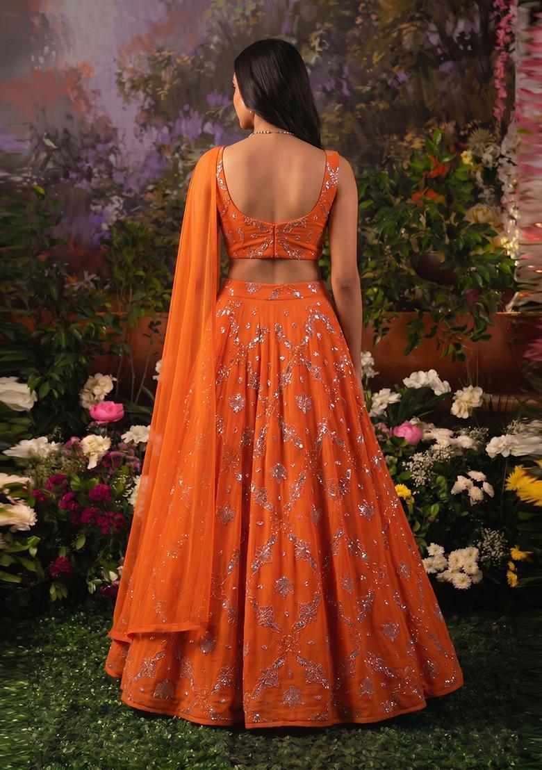 Bright Orange Embroidered Georgette Lehenga Set - Indya