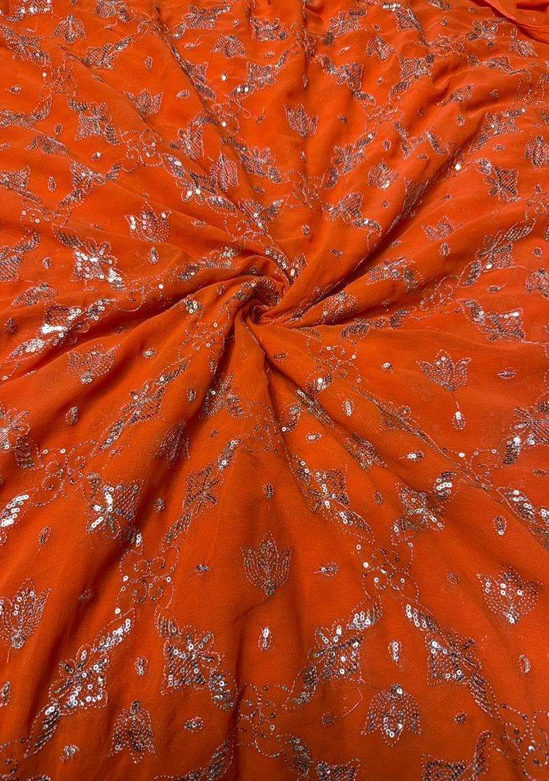 Bright Orange Embroidered Georgette Lehenga Set - Indya