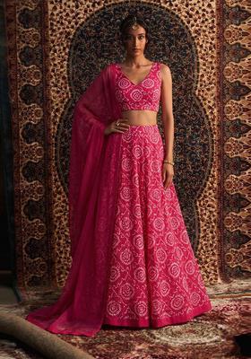 Pink Printed Chanderi Lehenga Set