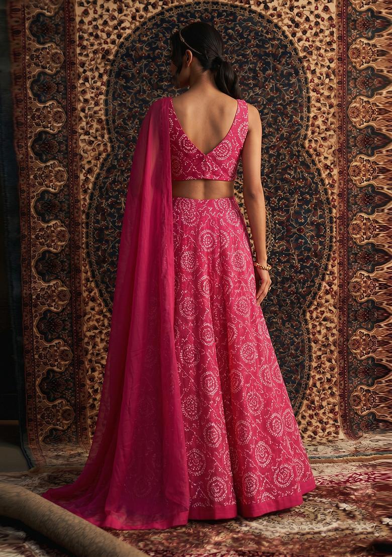 Pink Printed Chanderi Lehenga Set - Indya
