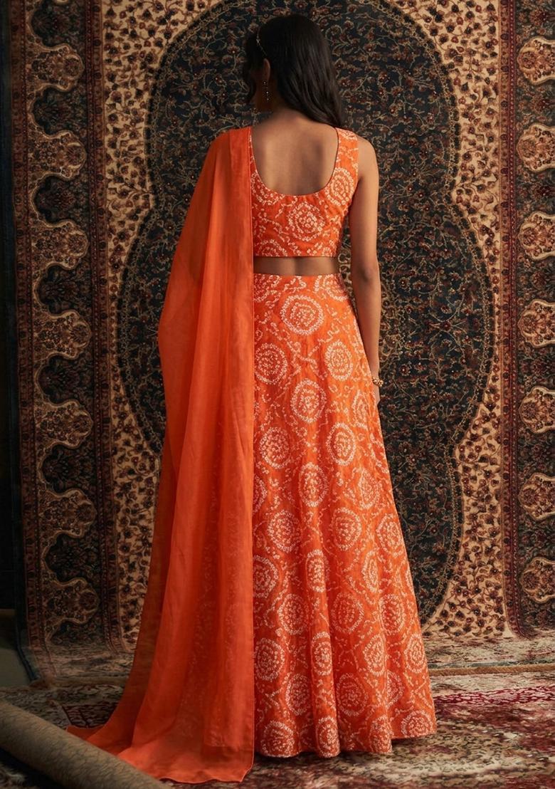 Bright Orange Printed Chanderi Lehenga Set - Indya