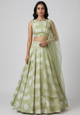 Sage Green Printed Silk Blend Lehenga Set