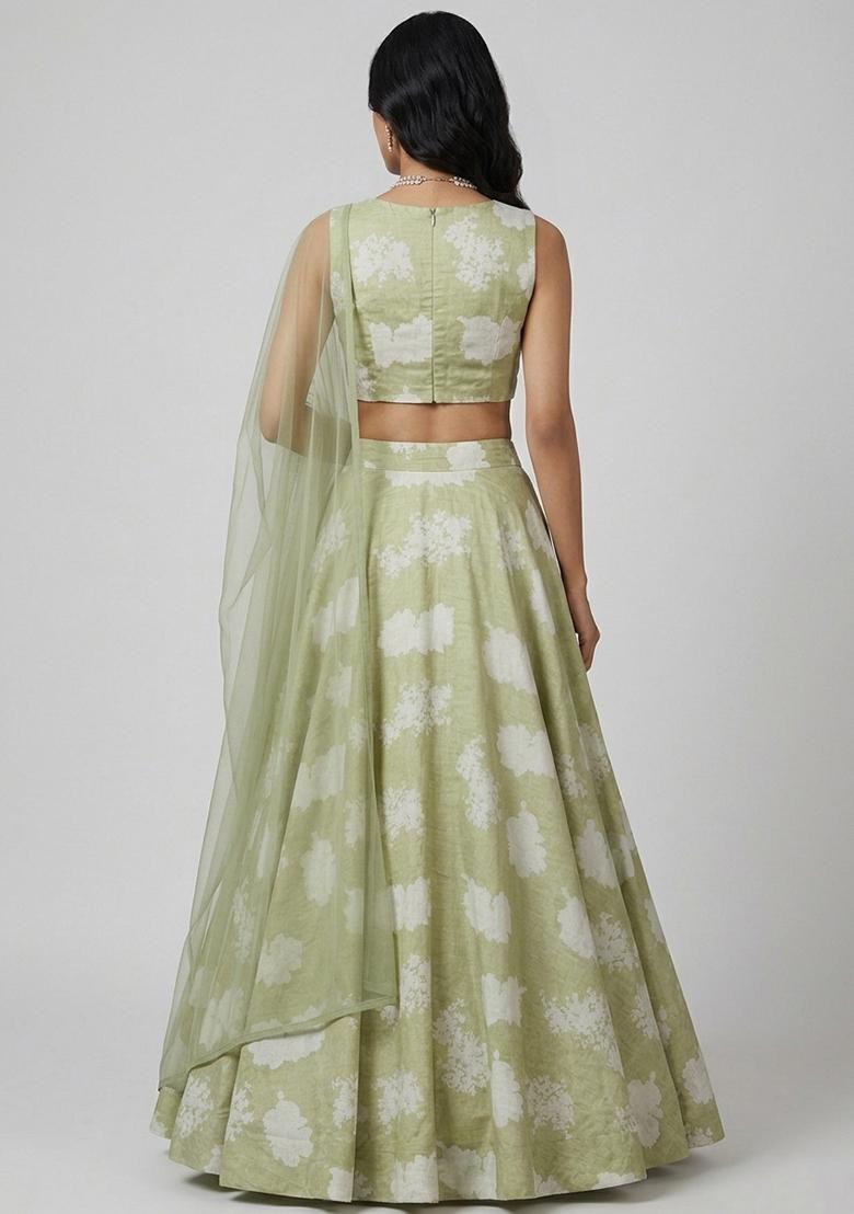 Sage Green Printed Silk Blend Lehenga Set - Indya