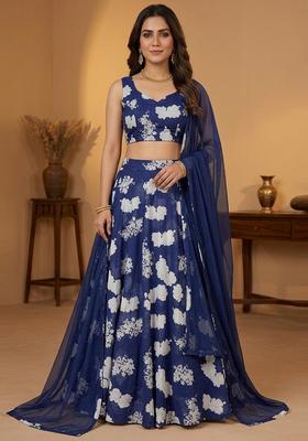 Navy Blue Printed Silk Blend Lehenga Set