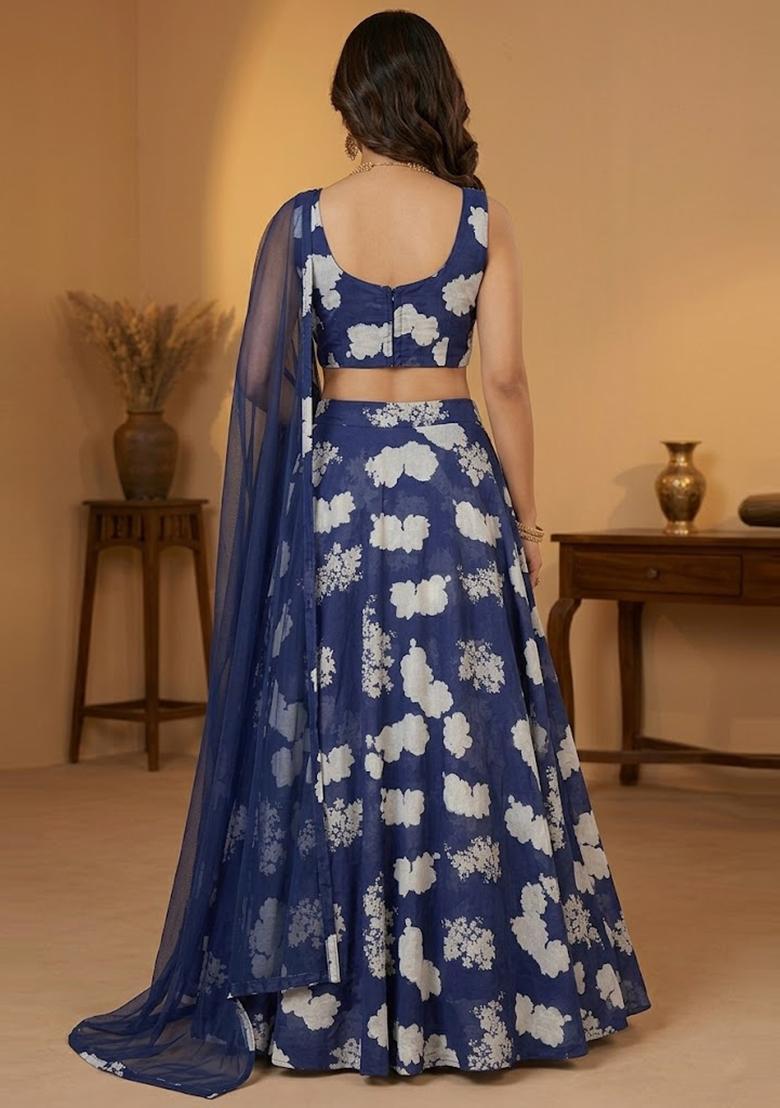 Navy Blue Printed Silk Blend Lehenga Set - Indya