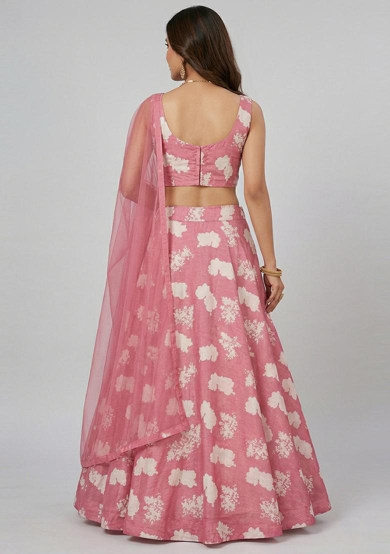 Dusty Pink Printed Silk Blend Lehenga Set - Indya