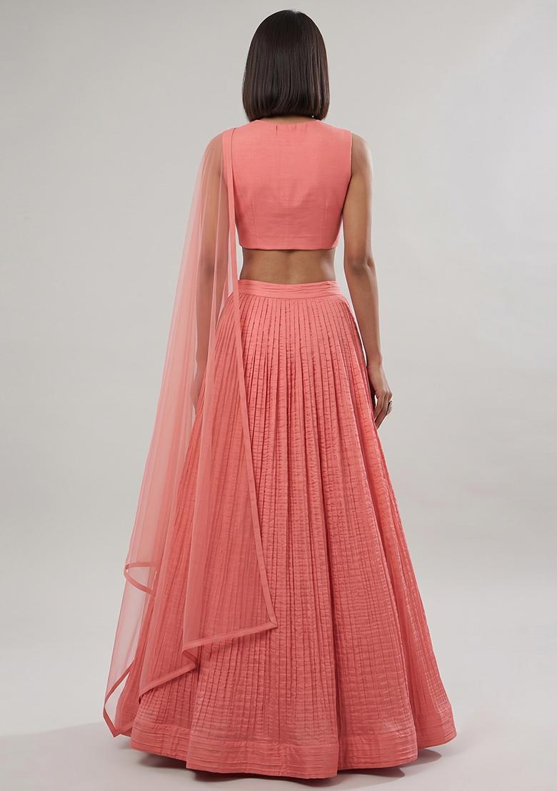 Pink Pleated Crepe Lehenga Set - Indya