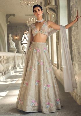 Grey Embroidered Organza Lehenga Set