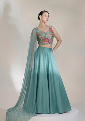 Sea Green Printed Crepe Lehenga Set