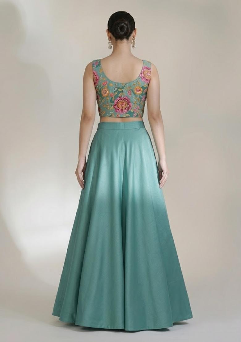 Sea Green Printed Crepe Lehenga Set - Indya