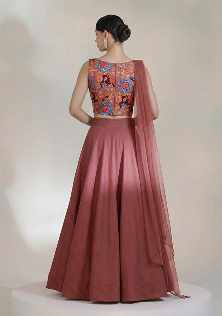 Mauve Printed Crepe Lehenga Set - Indya