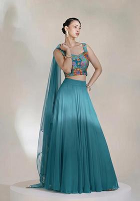 Teal Blue Printed Crepe Lehenga Set