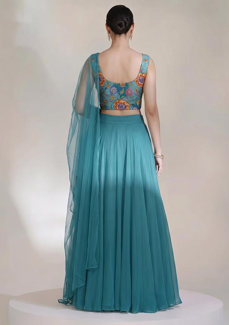 Teal Blue Printed Crepe Lehenga Set - Indya