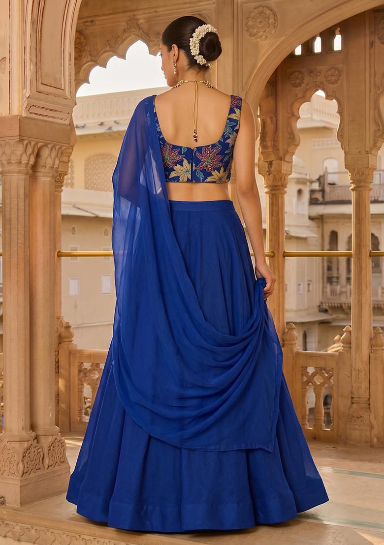 Royal Blue Printed Crepe Lehenga Set - Indya